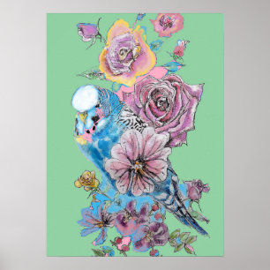 Blauwe boedgie Red Rose Green Waterverf art Poster