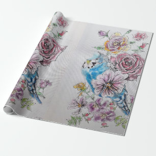 Blauwe boedgie Rozen kunstbloemen Waterverf Verpak Cadeaupapier