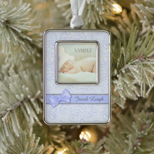 Blauwe boeg Baby eerste kerstmis Verzilverd Kader Ornament (Boom)