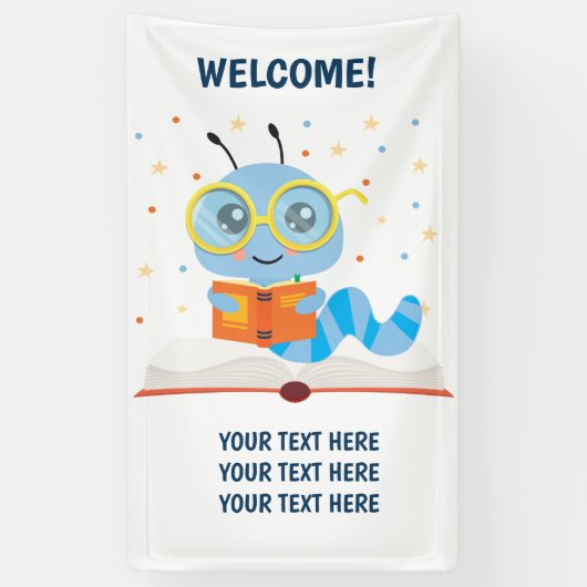 Blauwe boekworm thema banner (Verticaal)