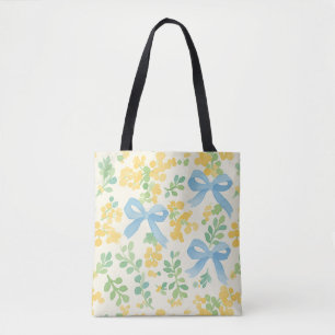 Blauwe Bogen en Gele Bloemen CottageCore Patroon Draagtas