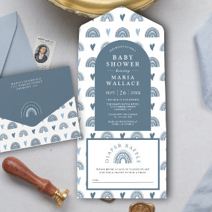 Blauwe Boho Regenboog Baby Shower All In One Uitnodiging