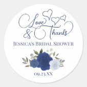 Blauwe Boho Rozen Liefde & Dank Bruidsfeest Ronde Sticker (Voorkant)