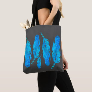 Blauwe boho veren blauw en grijs draagtas