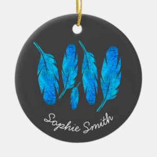Blauwe boho veren blauw en grijs keramisch ornament