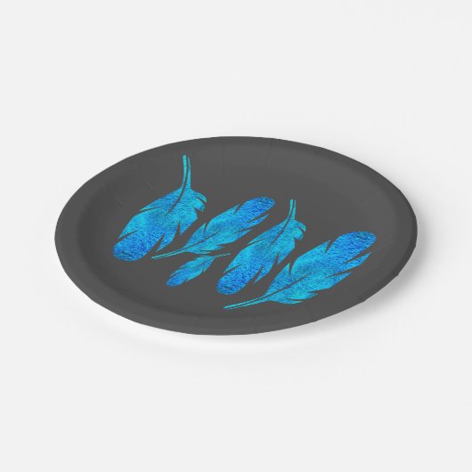 Blauwe boho veren blauw en grijs papieren bordje (Gekanteld)