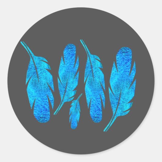 Blauwe boho waterverf vether ronde sticker (Voorkant)