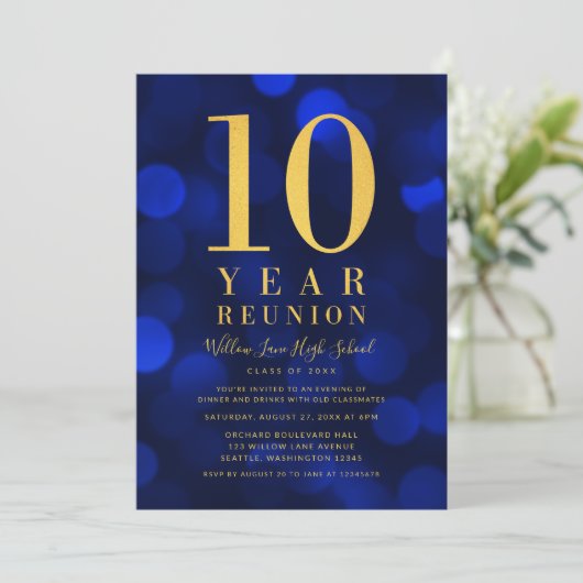 Blauwe Bokeh lichten 10 jaar klasse reünie Kaart (Staand voorkant)