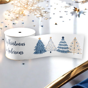 Blauwe Bomen Moderne Eenvoudige Kerstmis Naam Teks Grosgrain Lint