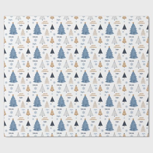 Blauwe Bomen Moderne Kerstmis Naam Tekst Cadeaupapier (Vlak)