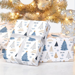 Blauwe Bomen Moderne Kerstmis Naam Tekst Cadeaupapier