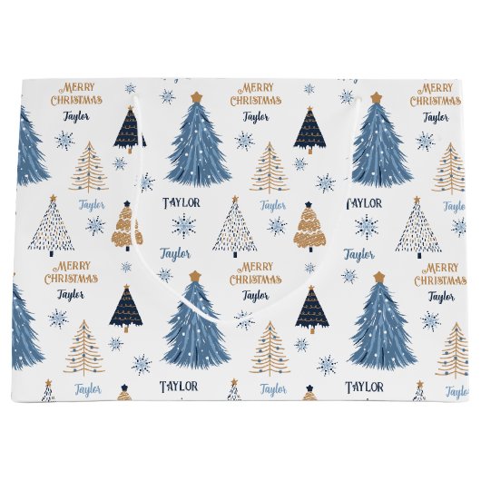 Blauwe Bomen Moderne Kerstmis Naam Tekst Groot Cadeauzakje (Voorkant)