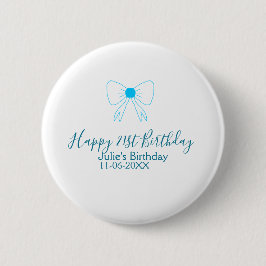 Blauwe boog blij 21e verjaardag naam datum meissty ronde button 5,7 cm
