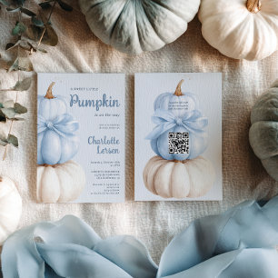 Blauwe Boog Kleine Pompoen Jongen Baby Shower QR C Kaart
