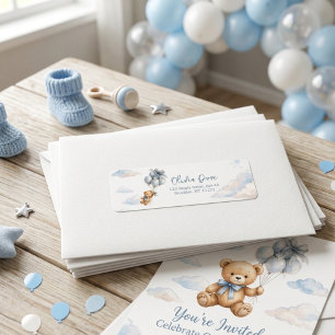 Blauwe Boog Teddybeer Ballonnen Wolken Jongen Etiket