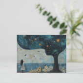 Blauwe boom en Verbaasd Kind Kleine Huizen Aan Zee Briefkaart (Staand voorkant)