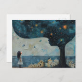 Blauwe boom en Verbaasd Kind Kleine Huizen Aan Zee Briefkaart (Voorkant / Achterkant)