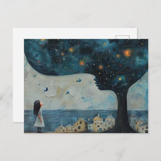 Blauwe boom en Verbaasd Kind Kleine Huizen Aan Zee Briefkaart (Voorkant / Achterkant)