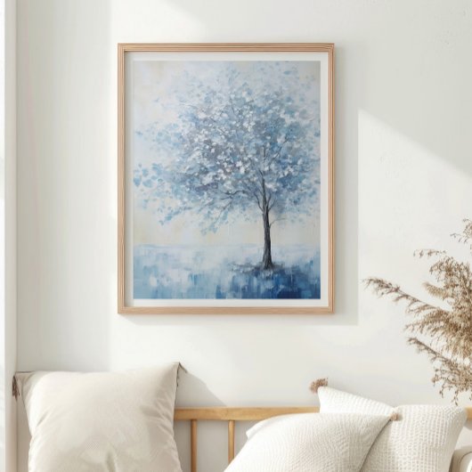 Blauwe boom kalmerende muurkunst foto afdruk