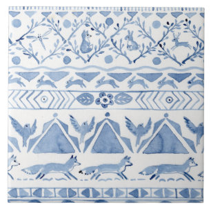 Blauwe bosgrond Ikat Pattern Fox Rabbit Bird Tegeltje