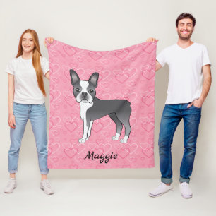 Blauwe Boston Terrier-hond op roze harten en naam Fleece Deken