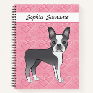 Blauwe Boston Terrier-hond op roze harten en tekst Notitieboek
