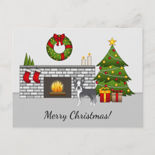 Blauwe Boston Terrier in een Festieve Kerst Kamer Briefkaart