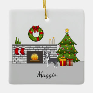 Blauwe Boston Terrier in een Festieve Kerst Kamer Keramisch Ornament