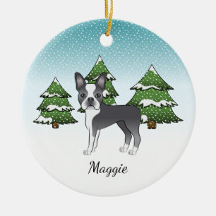 Blauwe Boston Terrier In Een Winterbos & Naam Keramisch Ornament