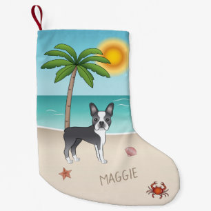 Blauwe Boston Terrier op een tropisch zomerstrand Kleine Kerstsok