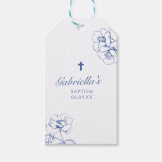 Blauwe Botanische Bloemen Doop Cadeaulabel