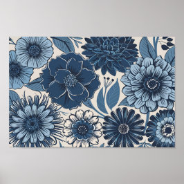 Blauwe Botanische Bloesems: Elegante Bloemkunst Poster