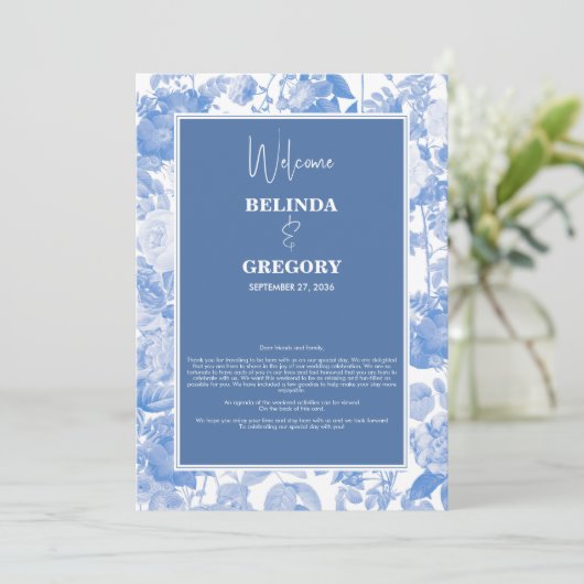 Blauwe botanische Florals Weddenschap Programma (Staand voorkant)