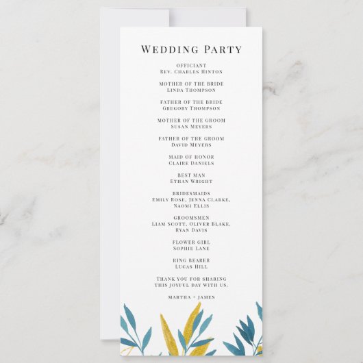 Blauwe botanische huwelijksceremonie en feestprogr (Achterkant)