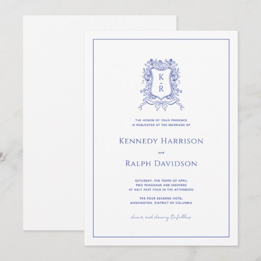 Blauwe Botanische Kam & Lint Elegante Bruiloft Kaart (Voorkant / Achterkant)