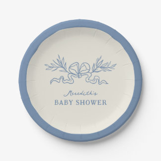 Blauwe Botanische Lint Baby Shower Papieren Bordje