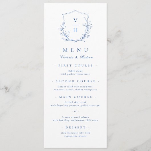 Blauwe, botanische monogram bruiloft menu (Voorkant)