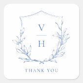 Blauwe, botanische monogram bruiloft vierkante sticker (Voorkant)