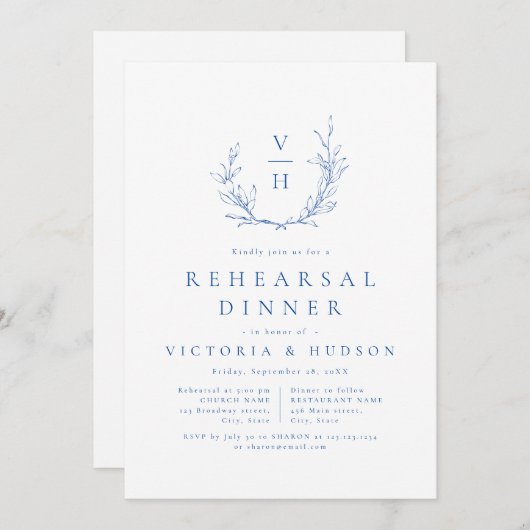 Blauwe botanische monogram repetitie diner kaart (Voorkant / Achterkant)