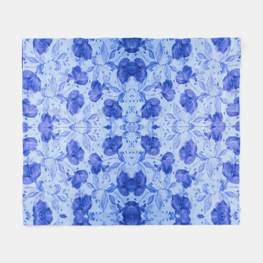 Blauwe Botanische Waterverf Bloemen Fleece Deken (Voorkant (Horizontaal))