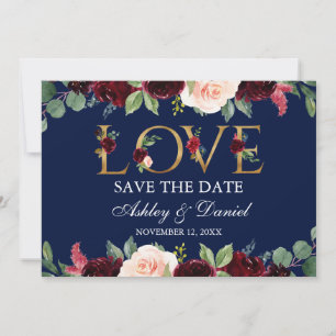 Blauwe Bourgogne Waterverf Floral Love Save the Da Date