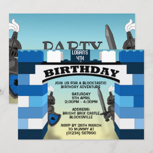 Blauwe bouwstenen Kasteel Birthday-uitnodigingen Kaart