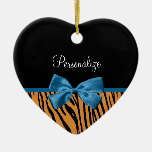  Blauwe Bow Stylish Tiger Stripes en Name Keramisch Ornament (Voorkant)