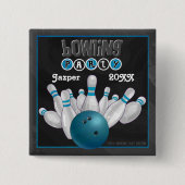 Blauwe Bowling Party Vierkante Button 5,1 Cm (Voorkant)