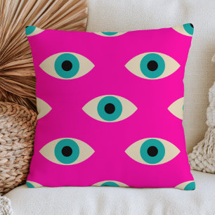 Blauwe Boze Ogen op Roze Maximalistische Funky Kussen