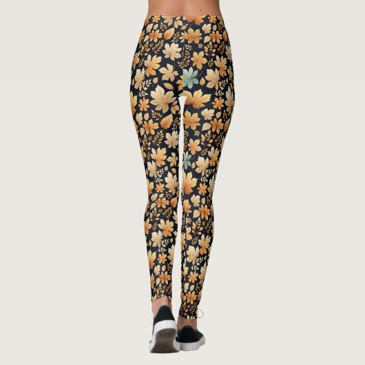 Blauwe bruine en ivoren herfstbladeren leggings (Achterkant)