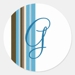 Blauwe & Bruine Linten Monogram () Ronde Sticker