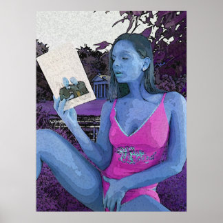 Blauwe brunette die een goed boek leest poster