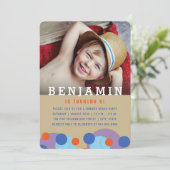 Blauwe Bubbels Polka Dots Foto Jongen Verjaardagsf Kaart (Staand voorkant)