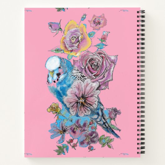 Blauwe Budgie Budgie Roos Bloem Waterverf Notitieboek (Achterkant)